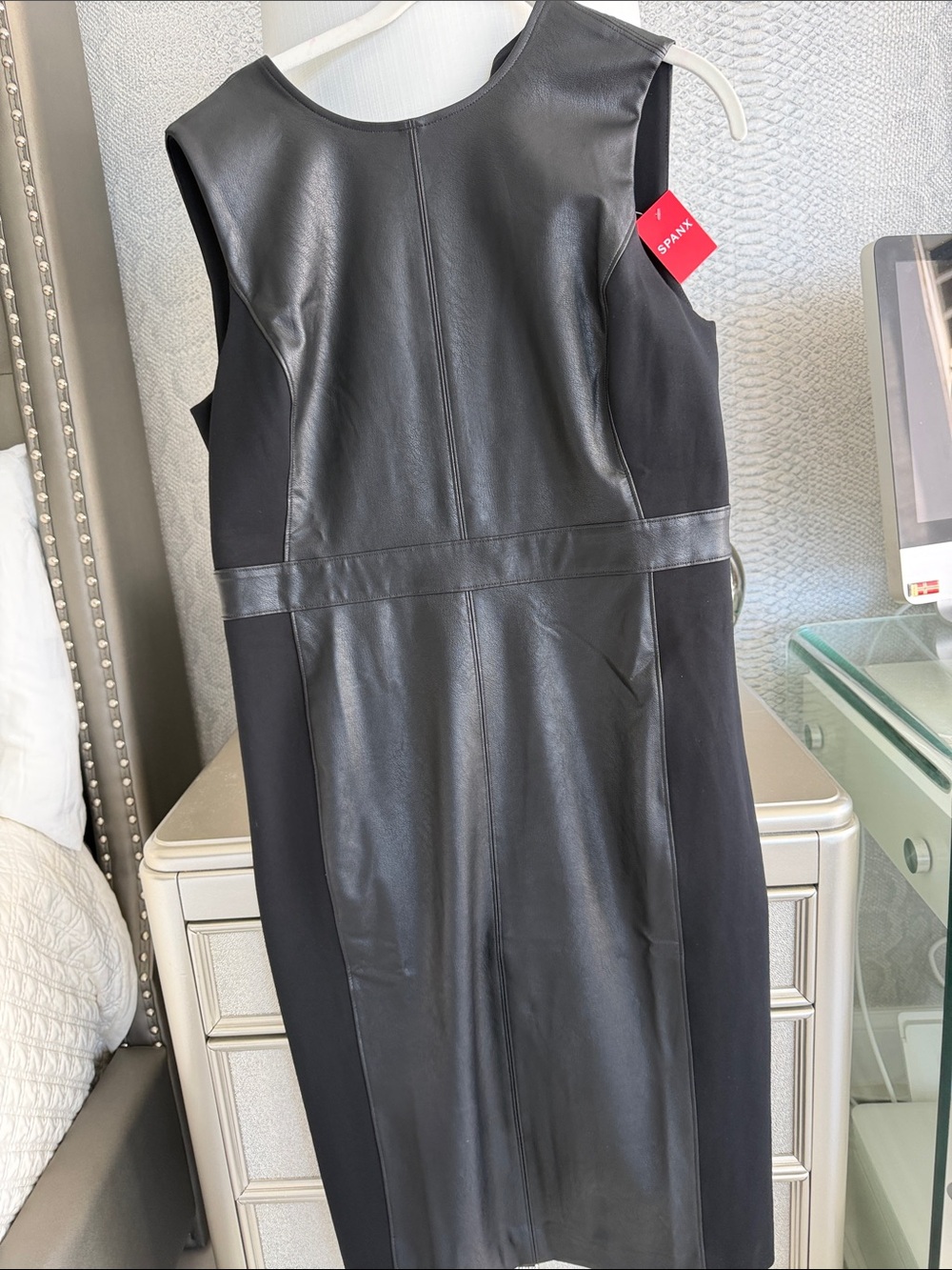 SPANX Black Faux Leather Paneled Midi Sheath Dress NWT Large - Picture 16 of 16